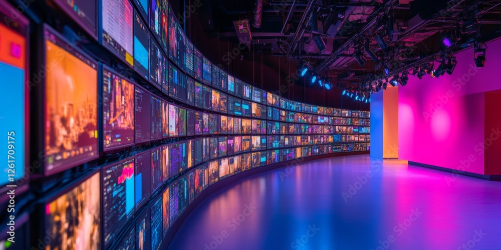 Poster Immersive Digital Media Wall in Editorial Newsroom High-Tech Screens and Workflow Efficiency - Enhancing News Production with Interactive Elements for Modern Broadcasting