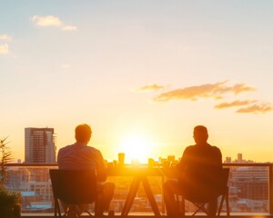 Obraz premium Golden Hour Rooftop Terrace Urban Skyline View Over Coffee - Elevating Boutique Hospitality and Co-Living Spaces with Warm Aesthetic for Social Communities