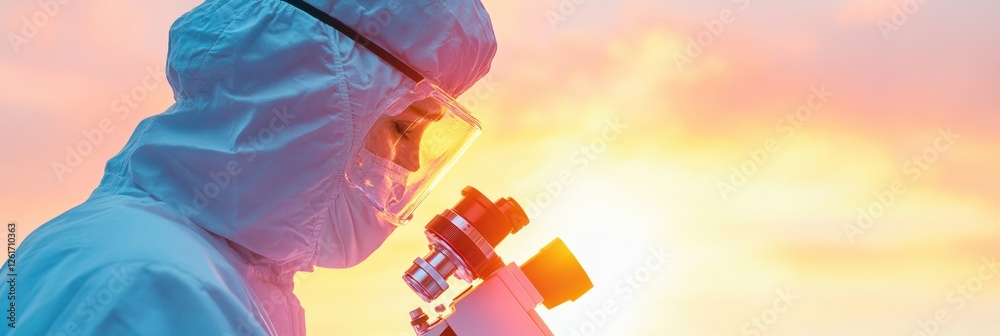 Poster futuristic lab research scientist in sterile suit using advanced microscope at sunset - pioneering m