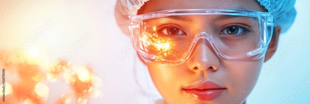 Poster futuristic scientific imagery laboratory scientist with transparent visor and advanced digital inter