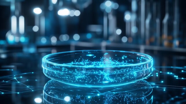 Futuristic AI enhanced stem cell research in a high tech biotechnology lab