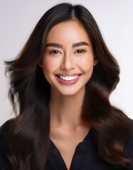 Naklejka premium 白く整った美しい歯並びの女性の顔のクローズアップ。白い背景。AIで生成 
