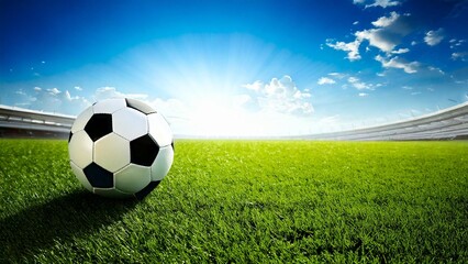 Naklejka premium サッカーの戦いのイメージ スタジアム 青空 芝生 おしゃれ 背景素材 チラシ・バナー・動画素材 AI生成素材
