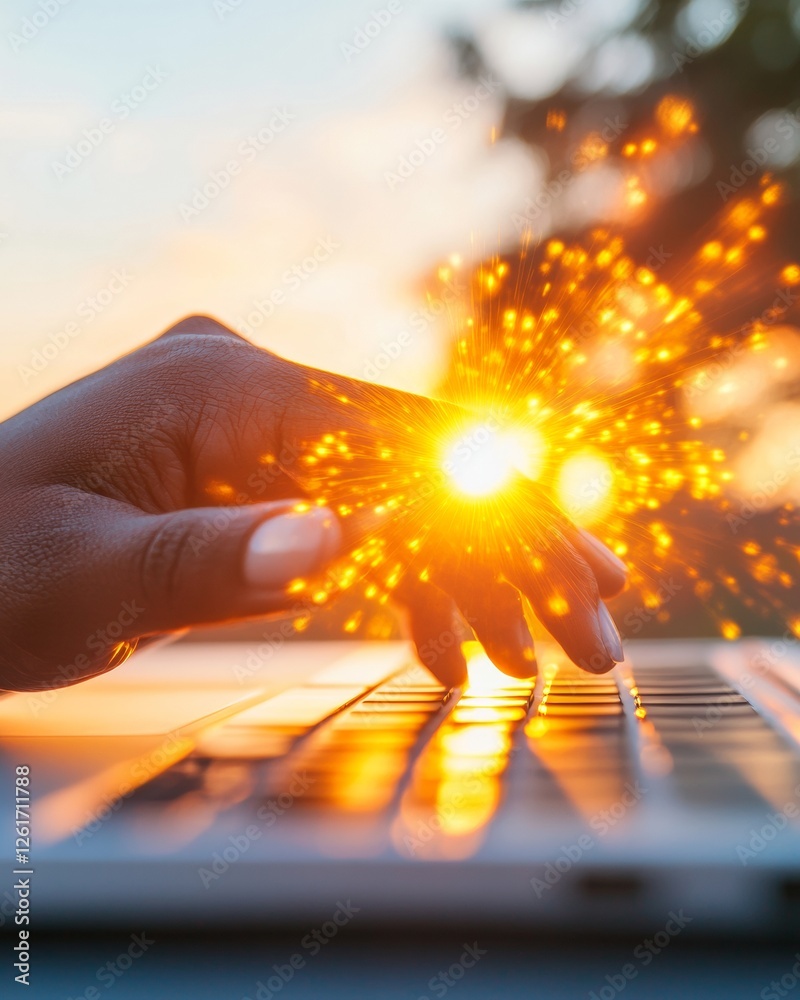 Poster modern cybersecurity visual hand with digital sparks over laptop keyboard - business innovation in s