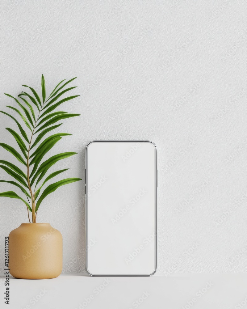 Poster Minimalist Digital Security Sleek Smartphone with Greenery on Textured White Background - Cybersecurity Inspiration for Modern Workspaces and Secure Online Access Solutions