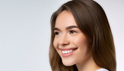 Fototapeta premium 目を閉じて微笑む白人のモデル女性の横顔ポートレート。コピースペースあり。aiで生成