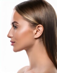 Fototapeta premium 白く整った美しい歯並びの白人女性の顔のクローズアップ。白い背景。AIで生成 