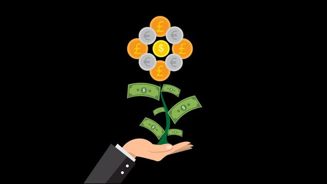 An animation motion of money flower growth plant from coins (US dollars, euros, british pounds) and paper money as a leaf on a hand no background