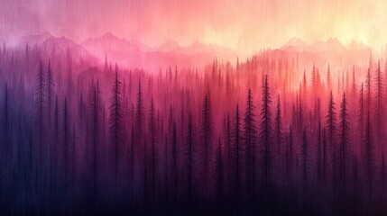 Serene sunset over misty mountains with silhouetted pine trees in tranquil landscape