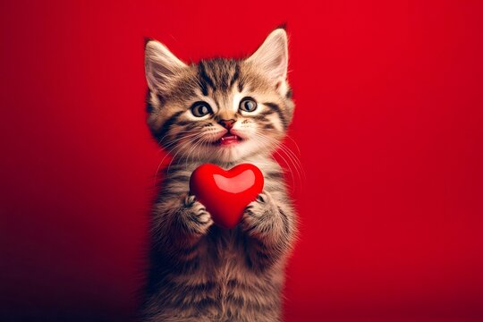 Siberian - my desired cat. Marketing creative. Cute siberian young cat with animal toy red heart - symbol of love, funny greeting card. Kitten valentine theme. Love-inspired valentine's animal.