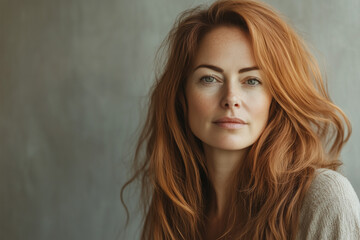 Fototapeta premium Portrait of a beautiful woman with long curly red hair.