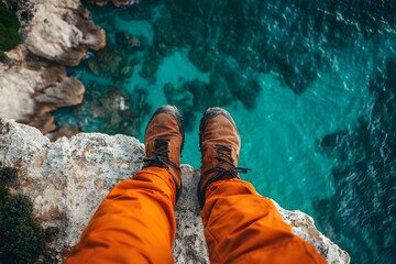 adventurer standing on a cliff with a breathtaking view of turquoise waters and rugged coastline