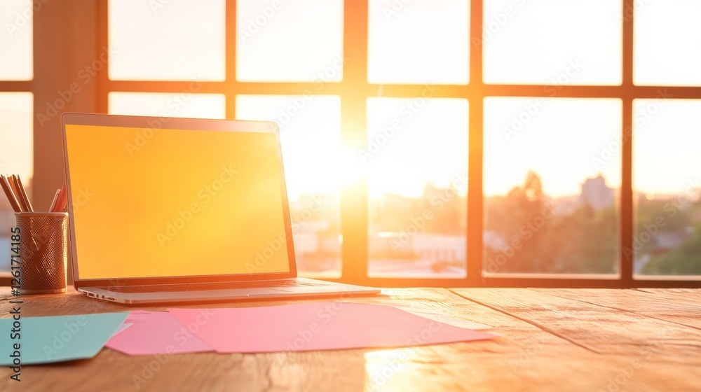 Poster sunlit contemporary workspace rustic wooden desk with laptops and paper at sunrise empowering busine