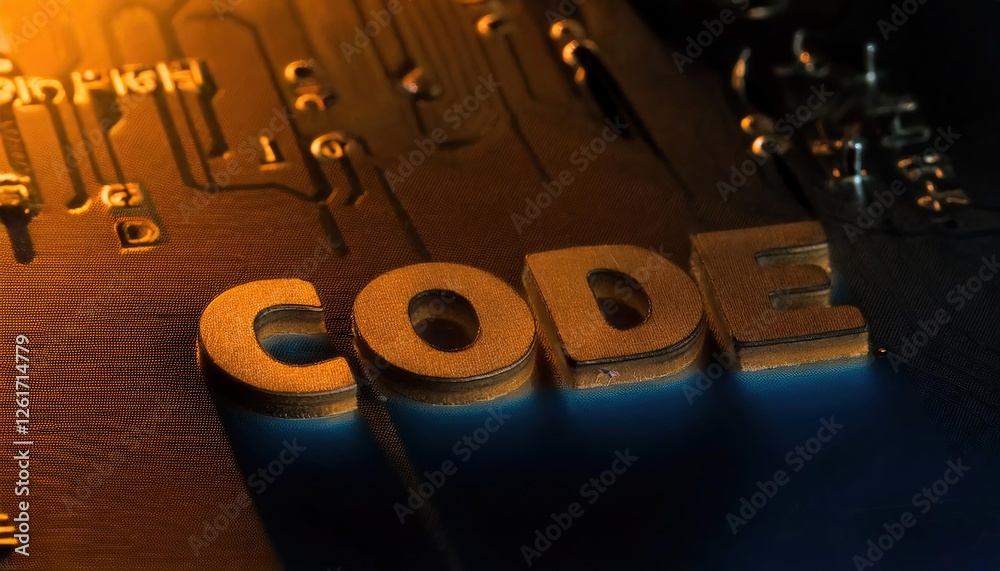 Poster conceptual close-up of circuit board with 'code' text highlighted