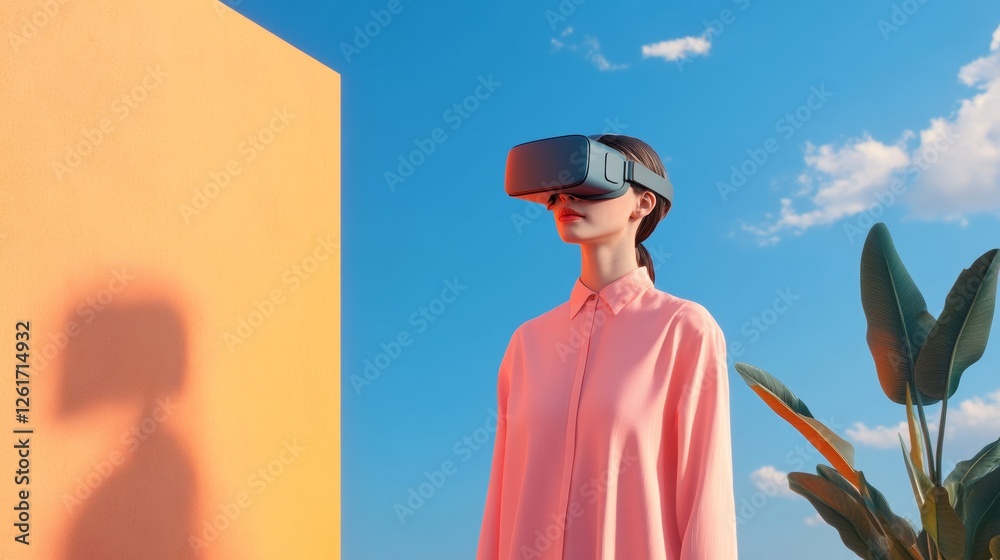 Poster futuristic virtual reality experience woman in vr headset amidst geometric backdrop - tech-driven en