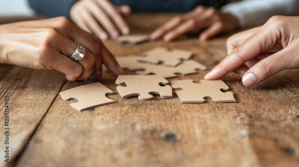 Aufkleber Collaborative Strategy Puzzle Diverse Hands with Silver Ring and Smartwatch on Rustic Wood - Modern Business Innovation and Team Building in Coworking Spaces