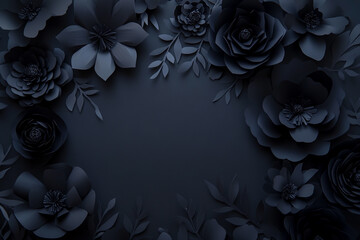 Black paper flowers on a dark gray background, ideal for an elegant dark wedding theme.
