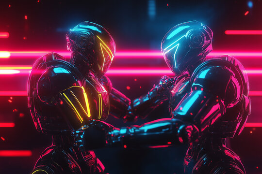 Two battle robots fighting, robot combat concept.
