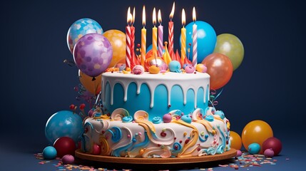Celebration birthday cake with lots of icing and decorations a?" A playful cartoon-style birthday cake with exaggerated frosting swirls, oversized candles, and colorful balloon decorations on top.