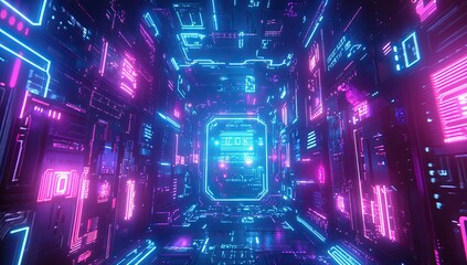 Fototapeta premium Neon circuit tunnel, digital art, futuristic, data flowing