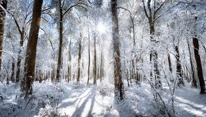Fototapeta premium Exploring the Mystical Beauty of a Forest Blanketed in Snow with Sunlight Streaming Through the Trees Creating Ethereal Patterns