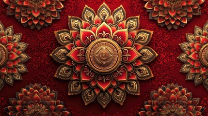 Intricate floral pattern in rich red and gold tones, showcasing traditional design elements