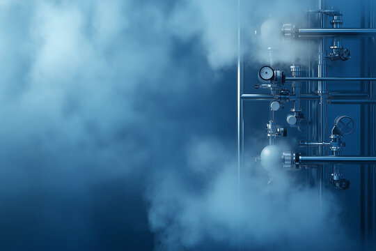 Steel pipes of the pipeline system in steam background.