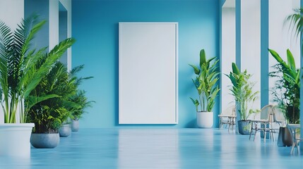 Modern Interior Design: Blue Wall, Blank Poster, Plants in White Pots, Minimalist Style, Indoor Decor, Home Design, Interior Mockup
