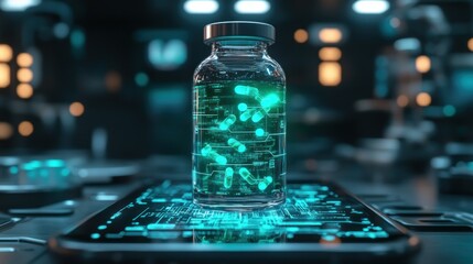 Pills in a Glass Vial on a Smartphone with a Digital Interface
