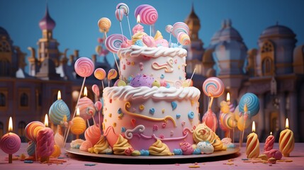 Celebration birthday cake with lots of icing and decorations a?" A playful cartoon-style birthday cake with exaggerated frosting swirls, oversized candles, and colorful balloon decorations on top.