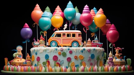 Celebration birthday cake with lots of icing and decorations a?" A playful cartoon-style birthday cake with exaggerated frosting swirls, oversized candles, and colorful balloon decorations on top.