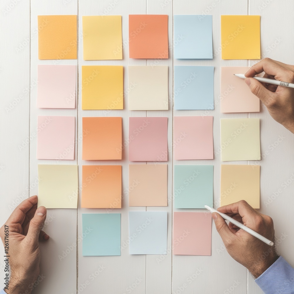 Aufkleber contemporary collaborative workspace diverse team analyzing retrospective graph with sticky notes on