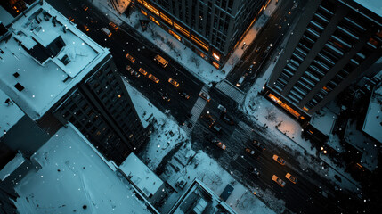 dense blizzard in modern city, traffic halted by snow