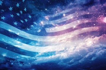 American flag overlaid onto a dreamy cosmic cloudy sky