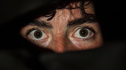 Fearful eyes peeking from darkness, night thriller