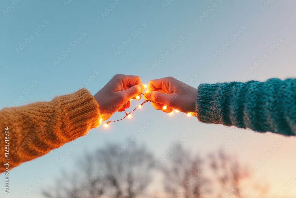 Aufkleber vibrant community connection knit sweater-clad hands with glowing string lights - social campaign im