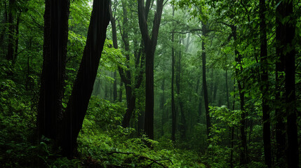 Obraz premium dense forest with lush greenery and tall trees surrounded by mist