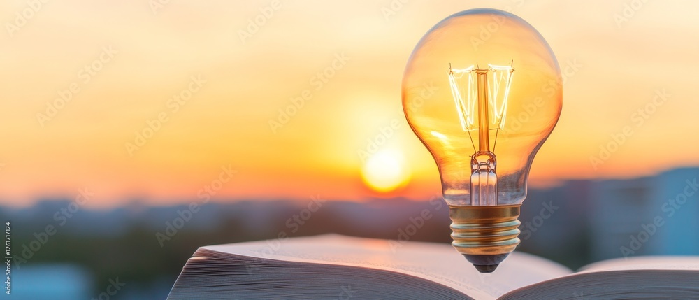 Poster educational inspiration illuminated book with lightbulb and sunrise - knowledge empowerment in moder