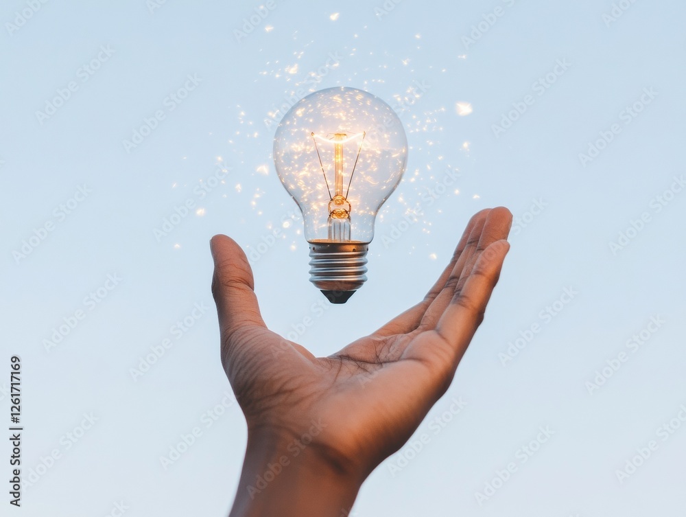 Poster Ethereal Innovation Spark Glowing Lightbulb in Floating Palms with Energy Particles - Illuminating Creativity and Strategic Inspiration for Modern Business Solutions