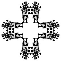 Square geometrical ornament or frame with stylized human figurines from Paracas. Indigenous ethnic Native American design from ancient Peru. Black and white silhouette.