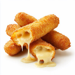 Mozzarella sticks with melted cheese stretching, crispy golden coating, isolated