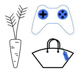 Carrot symbolizes health, game controller represents entertainment, and shopping bag denotes commerce. Ideal for themes of health, wellness, leisure, gaming, retail shopping lifestyle. Simple
