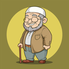 cartoon of a grandfather standing in Muslim clothes