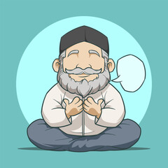 cartoon of an old man sitting cross-legged and praying