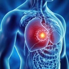 Medical visualization of hepatitis virus impact on the human liver.