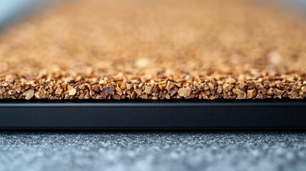 Close-up view of textured cork surface on a black mat against a gray background