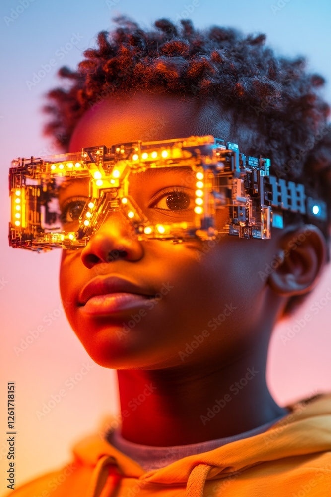 Poster futuristic tech eyewear young innovator wearing circuit lens with led glow - stem learning and creat