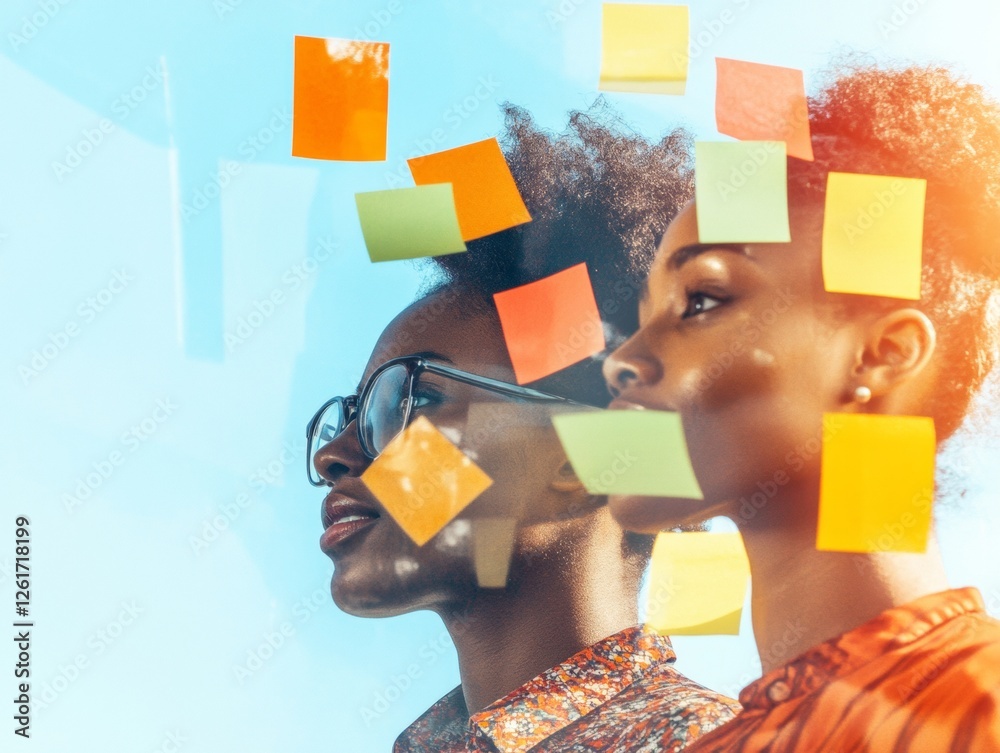 Aufkleber Bright Collaborative Teamwork Vibrant Sticky Notes on Glass Reflection - Diverse Office Brainstorming and Innovative Process Solutions for Modern Business Creativity