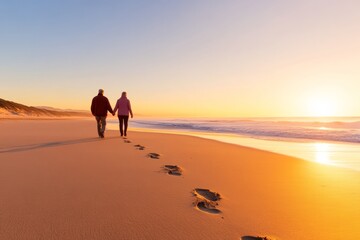 Sunset Serenity Mature Couples Beach Walk - Casual Coastal Wear and Imprints in Sand, Embracing Leisurely Retirement - Travel Content and Active Lifestyle Marketing