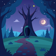 Naklejka premium Forest at night with spooky hollow tree, fantasy enchanted magic landscape cartoon. Kids fairytale watercolor style mystery. Wallpaper background children vector design.